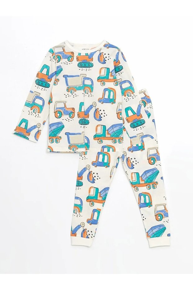 Lcw Baby Ecru Crew Neck Printed Baby Boy Pajamas Suit