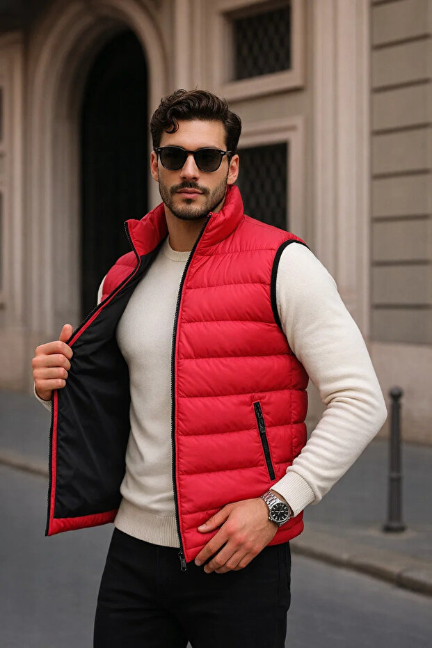 Erkek Kışlık Premium Basic Astarlı Kırmızı Şişme Yelek - 1
