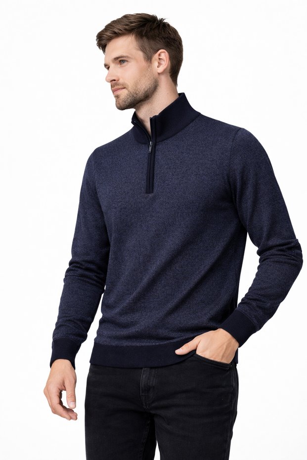 Men's Half Zipper Mock Neck Half Fisherman Long Sleeve Knitwear Sweater 7808