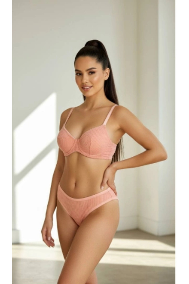 Women's Underwire Corded Fabric Ribbed Knit Powder Bra Set
