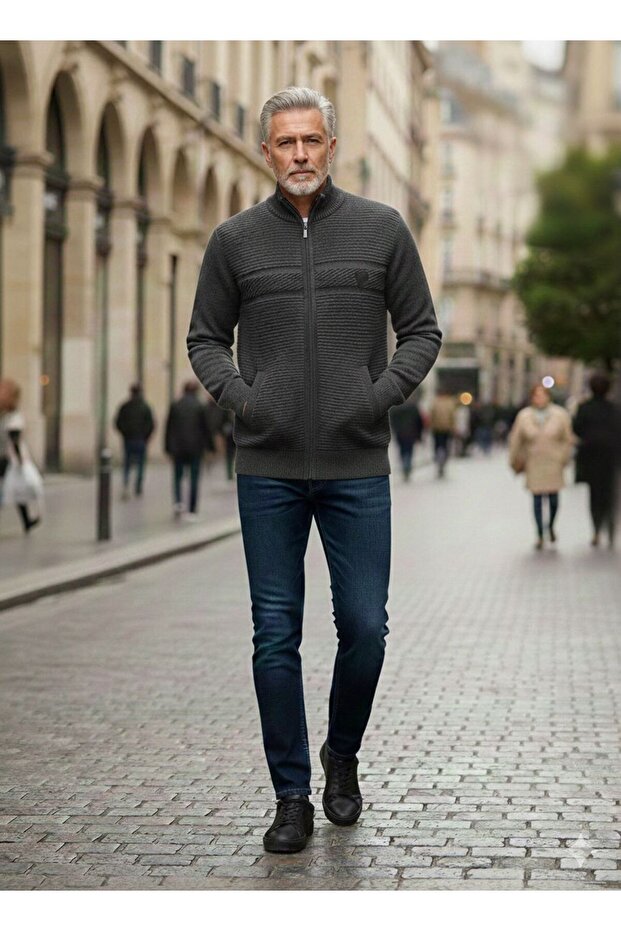 Judge Collar Men's Zip-Up Large Size Double Pocket Dad Cardigan