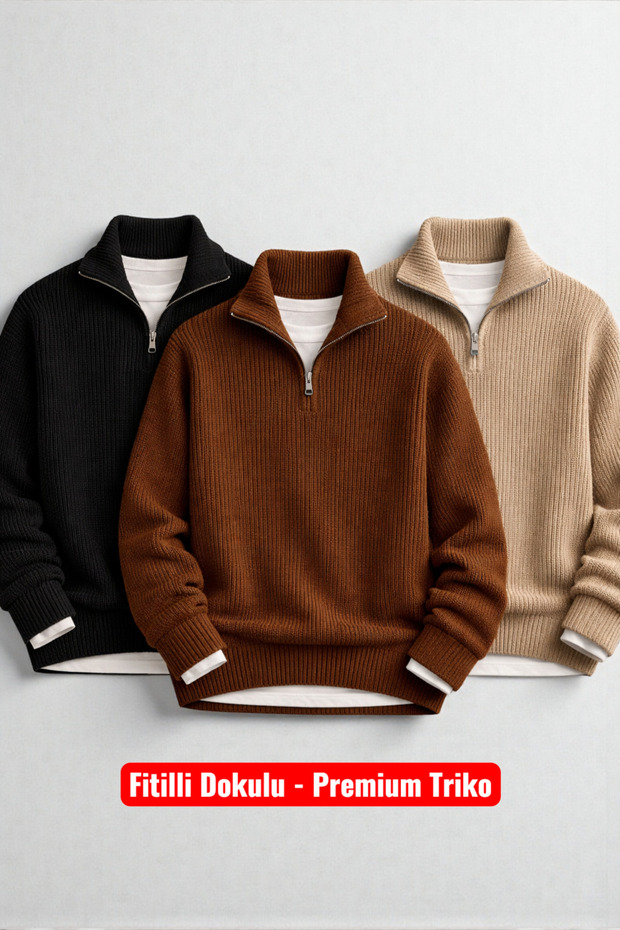 Set of 3 Men's Corded Fabric Half-Zip Mock Neck Knitwear Sweater