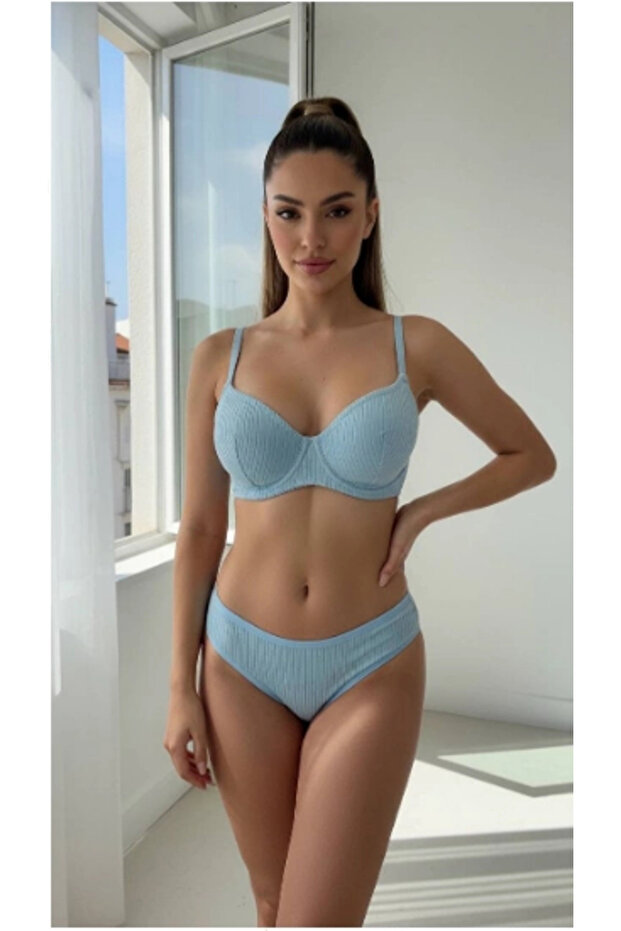 Women's Underwire Corded Fabric Ribbed Knit Blue Bra Set