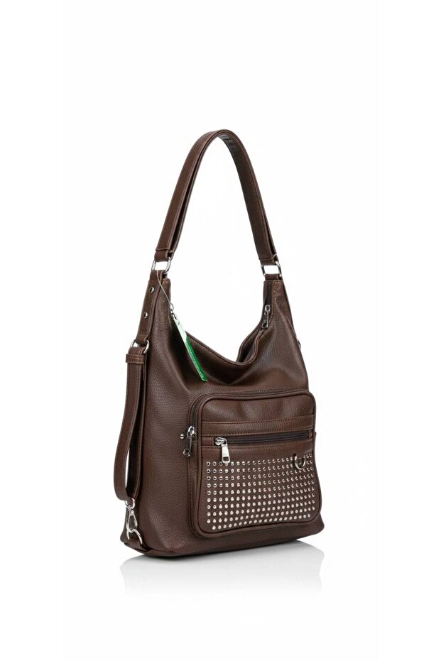 Soft Texture Leather-Look Staple Detailed Brown Shoulder Bag | Timeless Elegance & Everyday Use