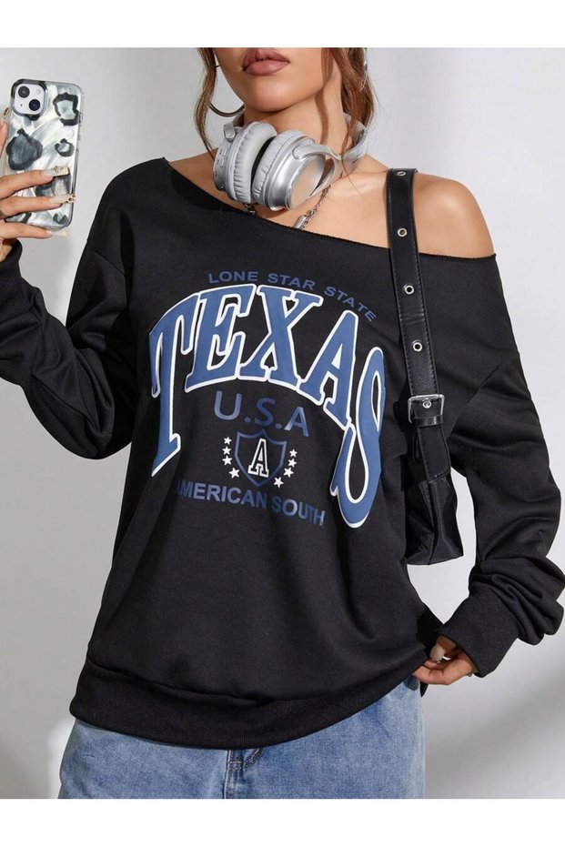 Women's Texas Usa Printed Boat Neck Oversized Sweatshirt