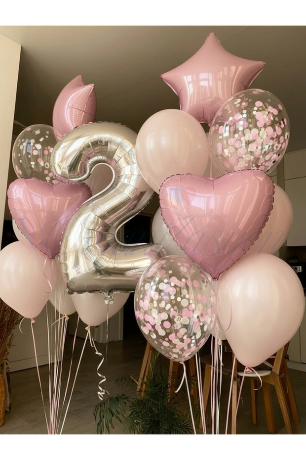 Silver Number 2 Balloon Set Pink Heart Star Confetti Birthday & Special Day Decoration