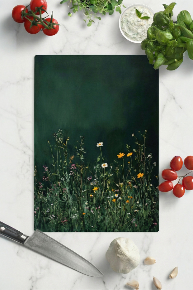 Mienda 25X35 cm Tempered Glass Cutting Board and Presentation Tray - Botanical Wildflowers