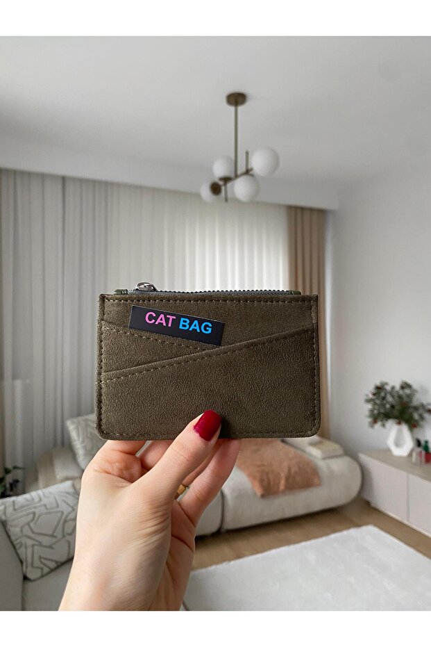Cat Bag Khaki Suede Textured Crossbody Wallet with Card Compartment