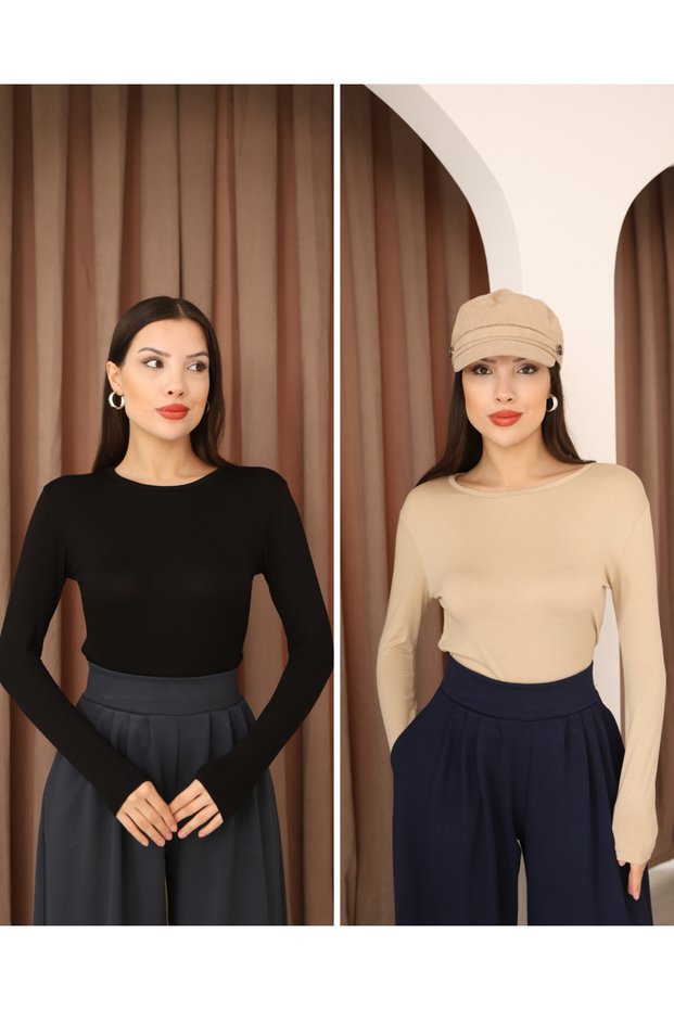 Women's 2-Piece Women's Long Sleeve Crew Neck Stretch Fabric Combed Cotton Bodysuit