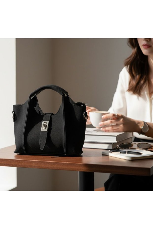 Women's Suede Leather Hand and Shoulder Bag - Minimalist Stylish Bag with Adjustable Lock Detail
