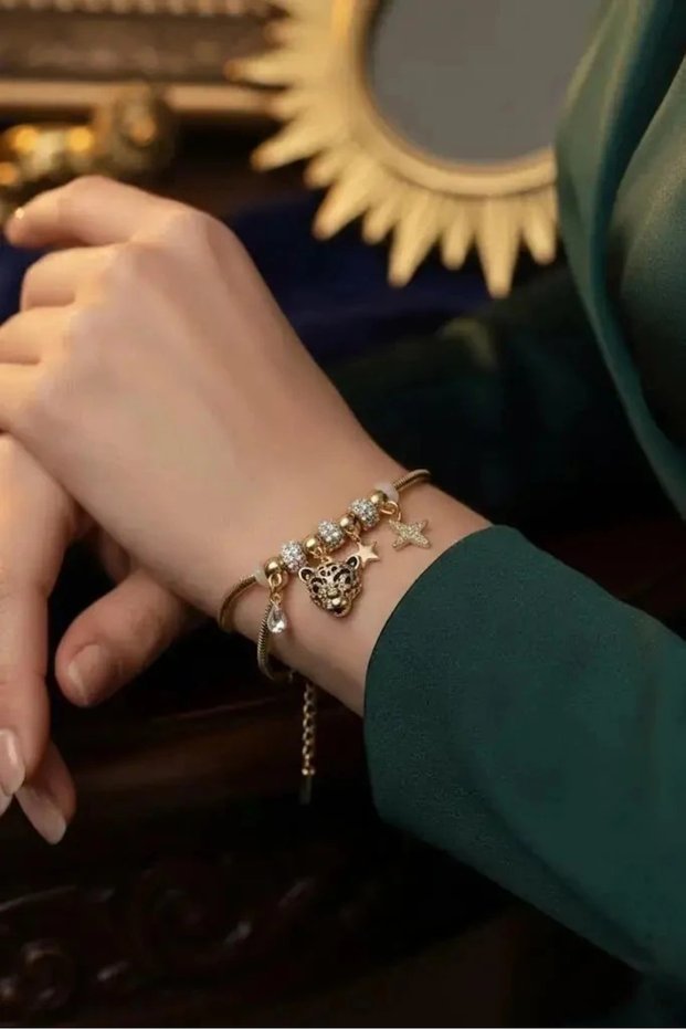 Brass Gold Color Tiger Model Charm Women's Bracelet Does Not Tarnish |   Stylish and Durable Jewelry