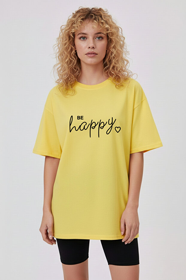 تيشيرت Be Happy منقوش عادي مصنوع من القطن بنسبة 100%