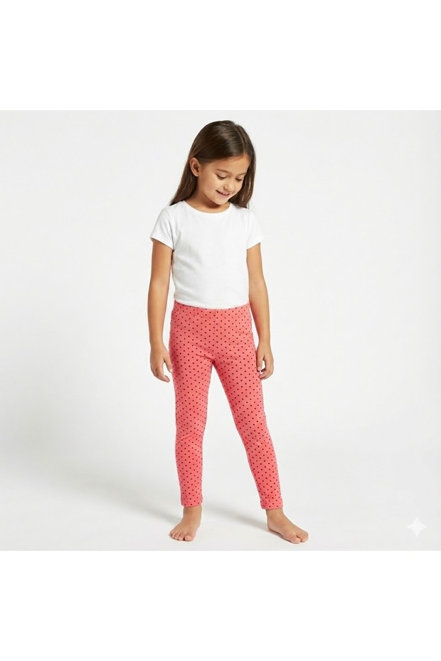 Girl's Coral Color Black Polka Dot Stretchy Cotton Tights