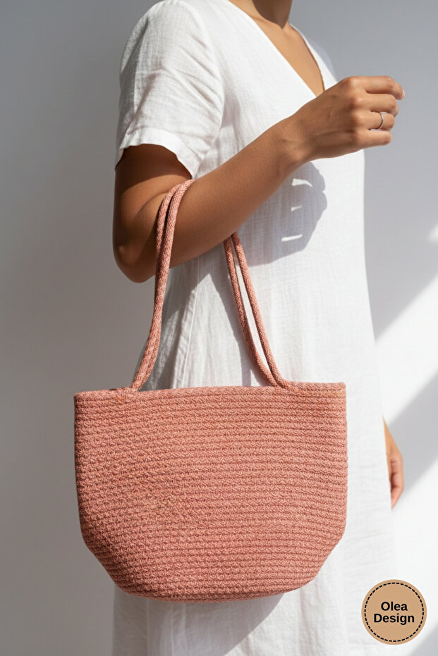 Women's Metal Detailed Hand and Shoulder Bag/ Cord Cotton Thread Stitching Arm Bag