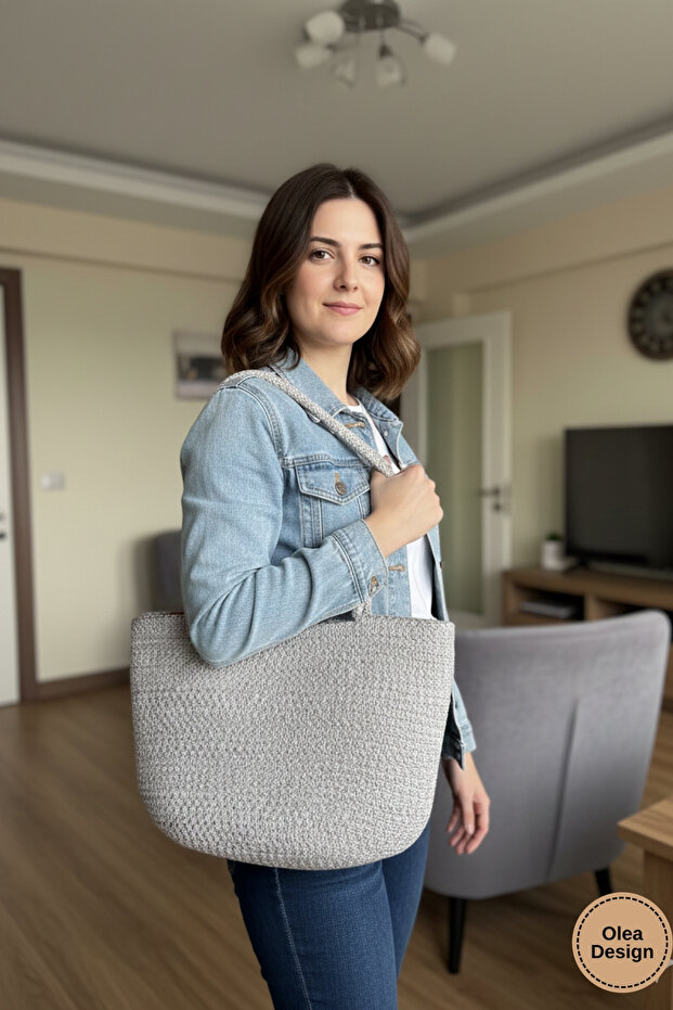 Women's Metal Detailed Hand and Shoulder Bag/ Cord Cotton Thread Stitching Arm Bag