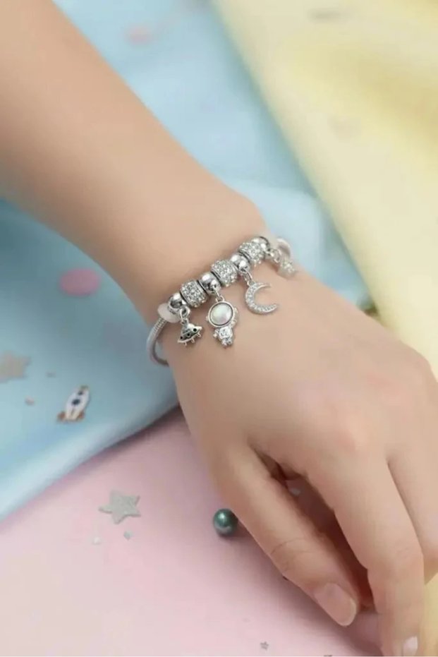 Brass Silver Color Space Theme Charm Women's Bracelet Does Not Tarnish | Stylish and Durable Jewelry