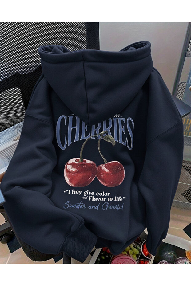 Unisex Men/Women Cherries Printed Cotton Oversized Hooded Sweatshirt