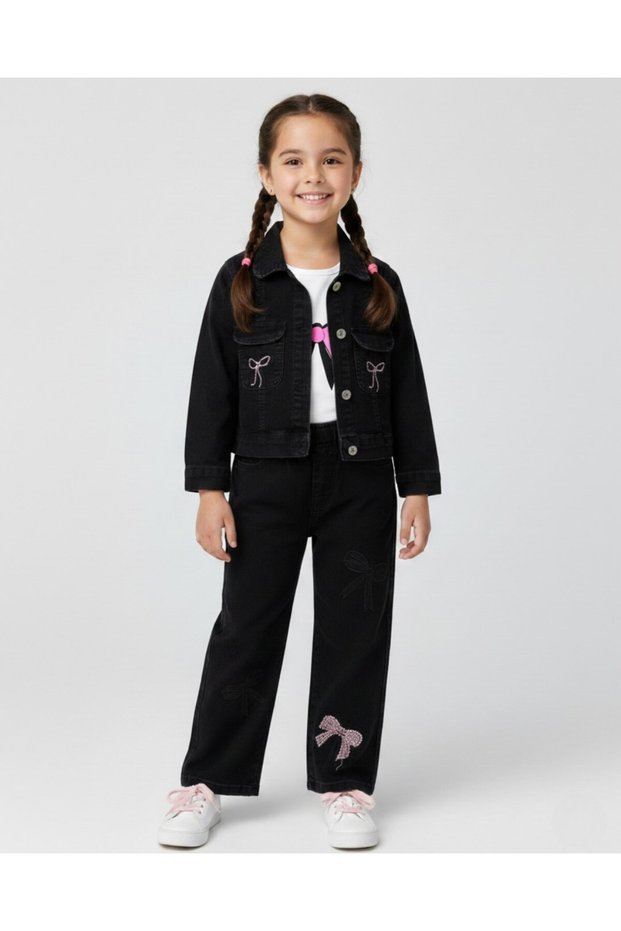 Girl's 3-Piece Heart Embroidered Jean Set, Girl's Denim Set, Holiday Combination, 5-12 Years Old Denim Set