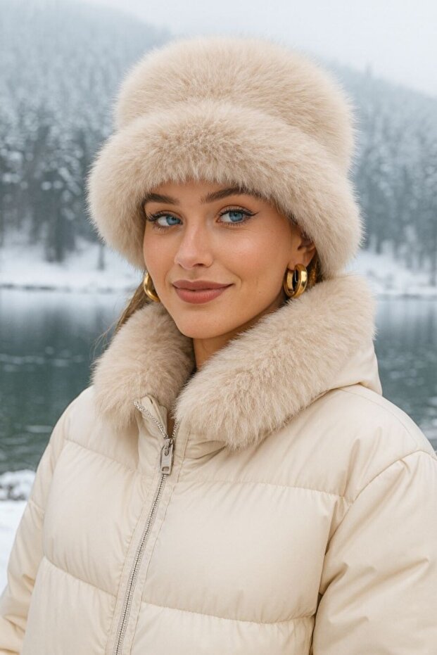 قبعة قلب قطيفة باللون البيج - 1