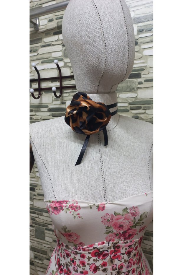Beena Handmade Satin Flower Necktie with Leopard Print