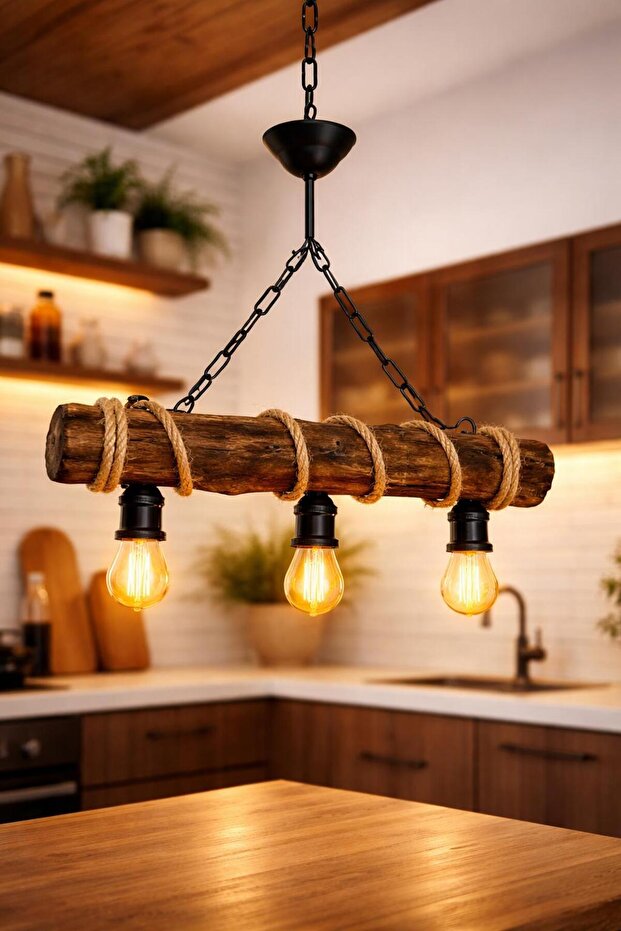 Ahşap Eskitme 3lü Rustik Avize - 1