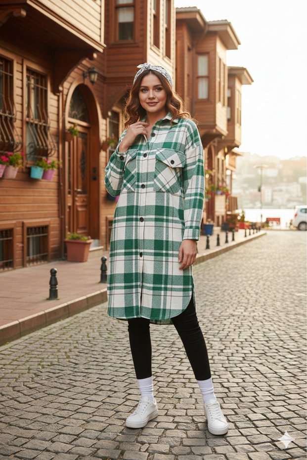 Green Checkered Long Lumberjack Shirt - Relaxed Fit Shirt Dress Tunic