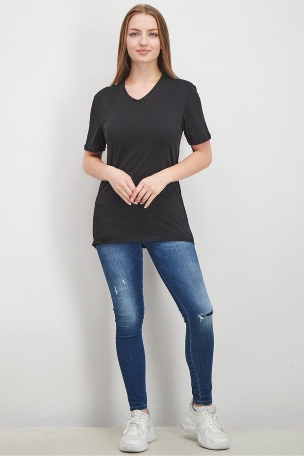 Women V-neckline Short Sleeve Plain T-shirt, Black - 4