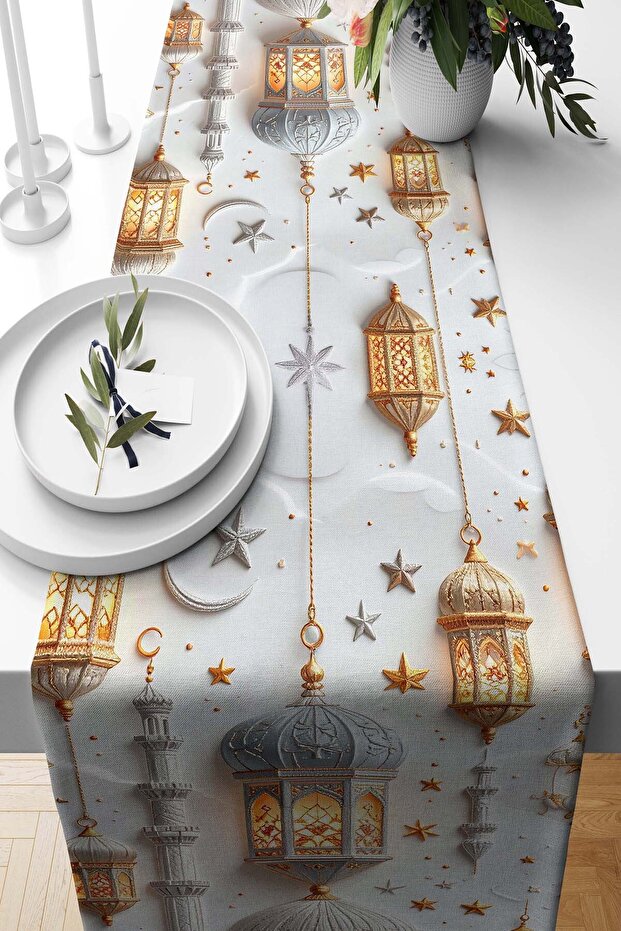 مفرش طاولة منسوج من الشامواه بنقشة اللؤلؤ لرمضان، مقاس 140×40 سم - رمضان كريم