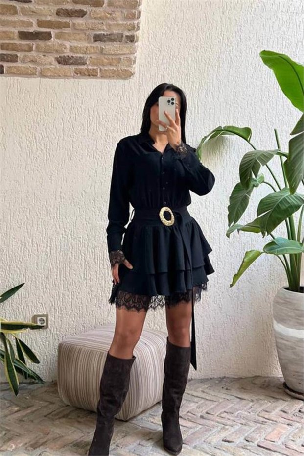 women's black shirt collar lace detail layered mini dress NBMY3858