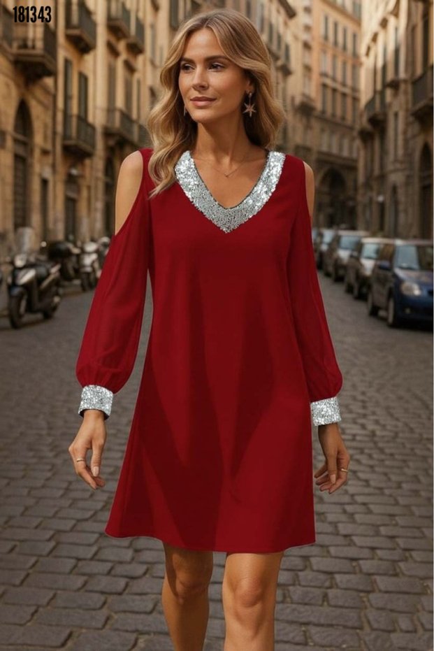 Women's V-Neck Tulle Sleeve Mini Janjan Crepe Red Dress