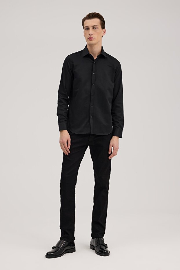 Black Comfort Fit Italian Collar Cotton Blend Shirt