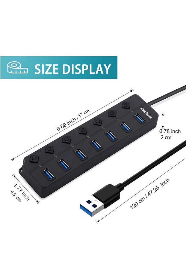 Shoplease 7-Port USB 3.0 Hub with Individual Power Switches and Lights