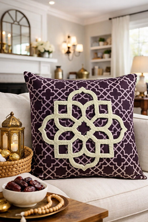 Punch Embroidered Throw Pillow Cover - 43*43 cm - Plum Motif - Pnk001