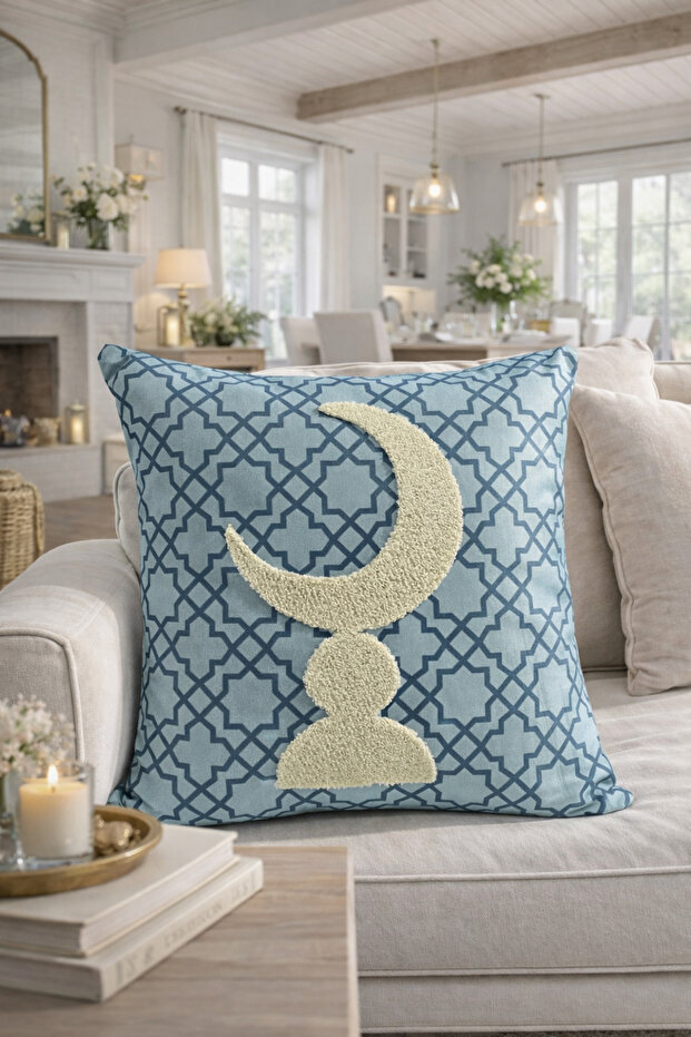 Punch Embroidered Cushion Cover - 43*43 cm - Petrol Blue Crescent - Ramadan Kareem - Pnk001