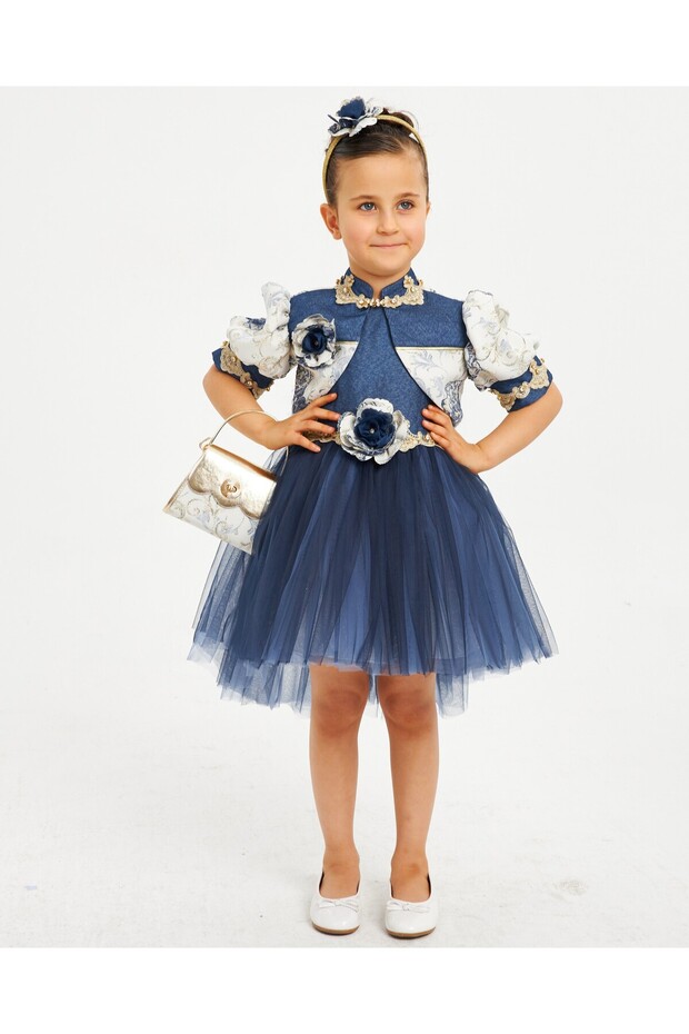 Girl's Evening Dress Ball Gown & Special Occasion Vest Set with Flower Detail, Bag and Crown Gift