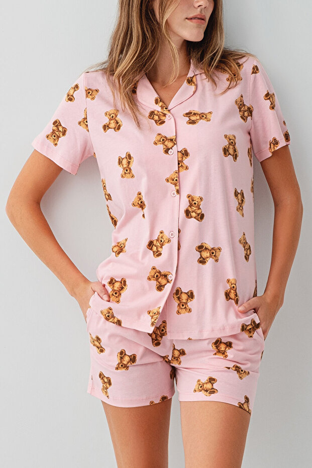 Kadın Pembe Gömlek Şort Takım - 3