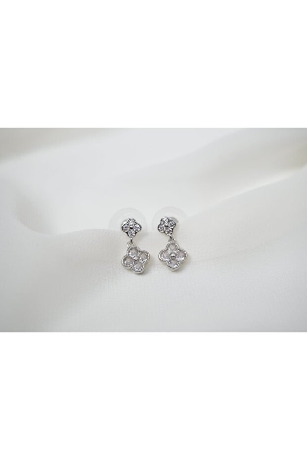 Kp169 Double Clover Pendant Earrings Silver (Length 18 mm)