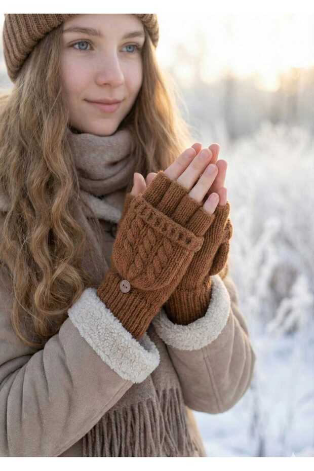 Kadın Kış Dostu Kapaklı Yün Eldiven - 2