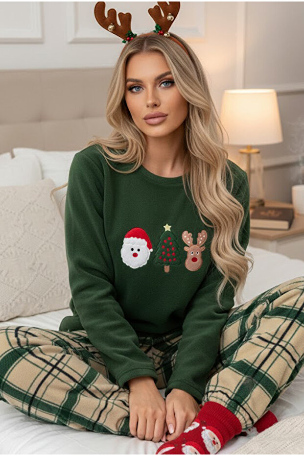 Green Plaid Pattern Embroidered Fleece Winter Knitted Pajamas Set