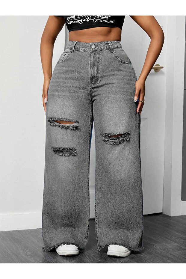 High Waist Wide Leg Ripped Detail Plus Size Gr Pants