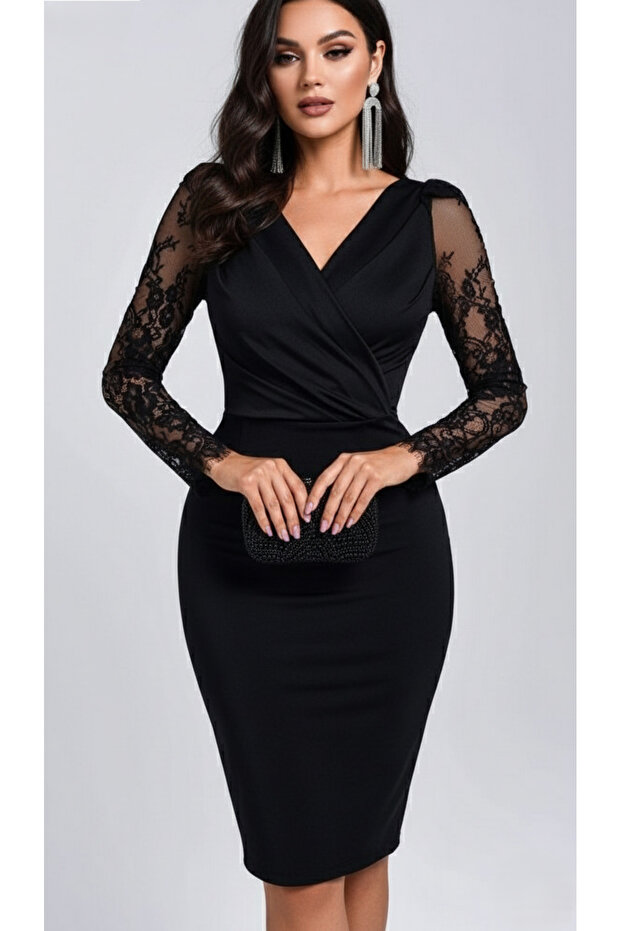 Women's Black Double-Breasted Neckline Lace Sleeve Crepe Mini Dress - Evening and Occasion Dress