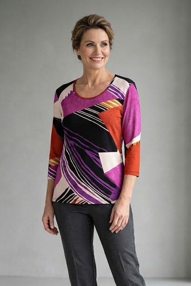 Women's Plus Size Stretch Fabric Crew Neck Mixed Patterned Three-Quarter Sleeve Mother T-Shirt Jersey Blouse