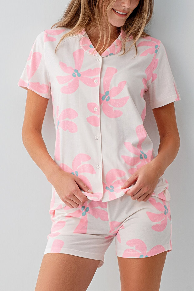 Kadın Krem Gömlek Şort Takım - 3