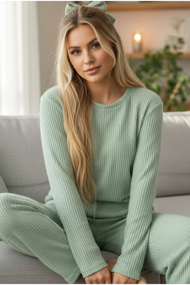 Green Crew Neck Soft Winter Waffle Knitted Pajamas Set