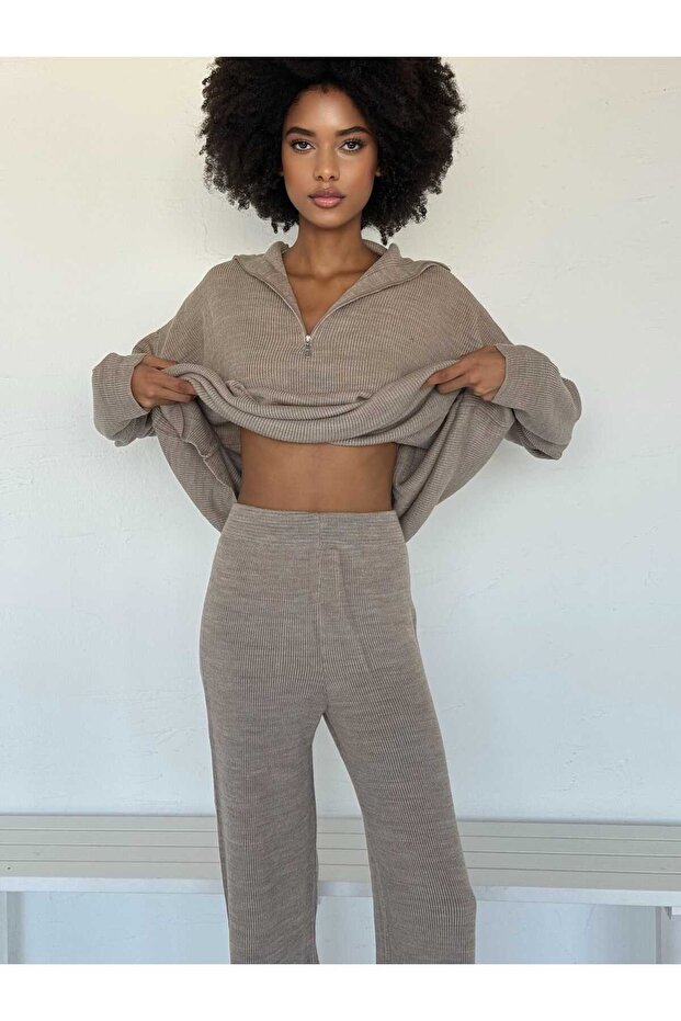 Zipper Collar Oversized Tricot Double Set