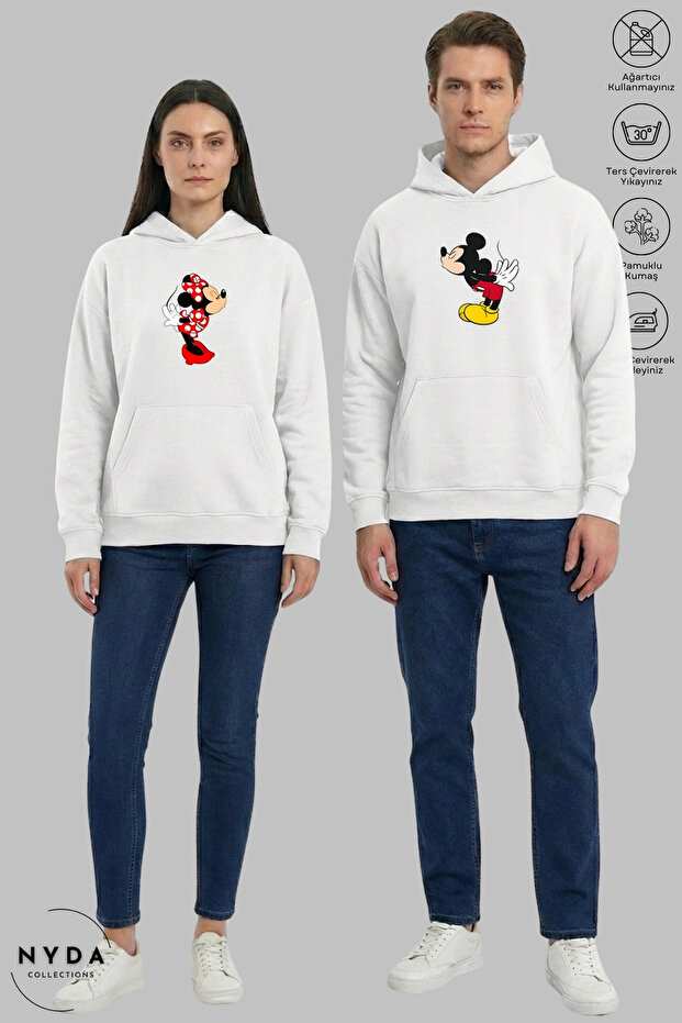 Lover Couple Combination Minnie Mickey Printed Hoodie Hooded Fleece-Lined Oversized Sweatshirt 2-Piece Set
