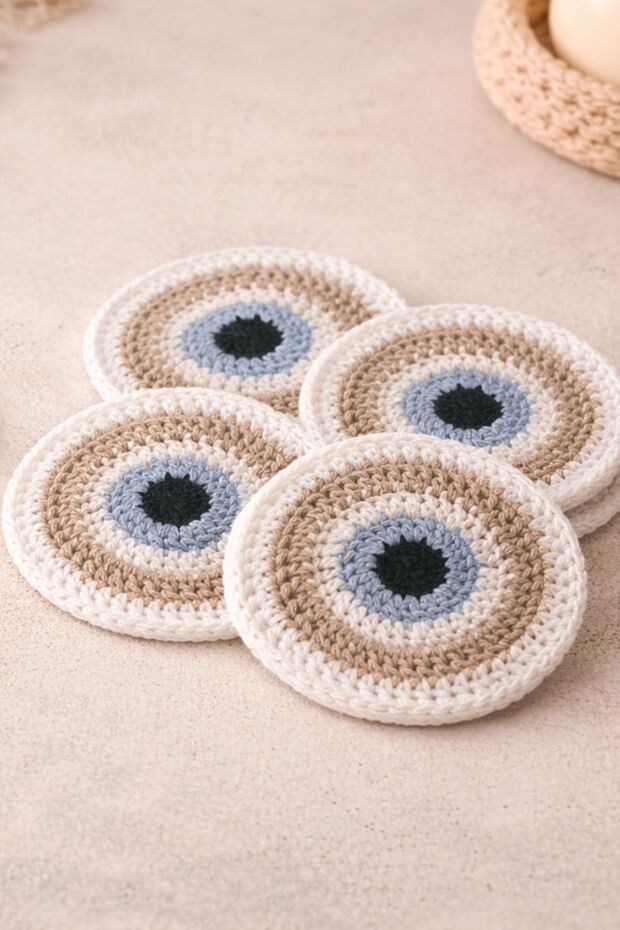 Hand Knitted Evil Eye Patterned Coasters – Set of 4, Eye Decorative Coasters