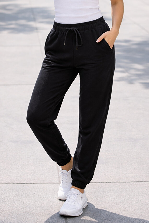 Women's Elastic Waistband 2-Pocket Sweatpants 8016 Black