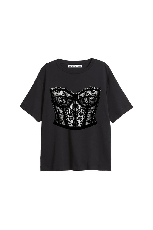 Printed Lace Top Relaxed Fit Black Women's T-Shirt