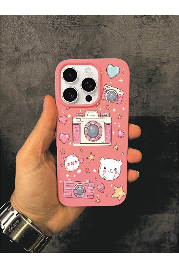 iPhone 16 Pro Compatible Camera Doodle Patterned Pink Case - 1